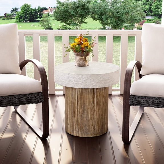 COSIEST Outdoor Medium Side Table, Patio Coffee Table, 19.7 inches Round MgO Table with Faux Wooden Pedestal Base, End Table for Patio, Garden, Backyard, Antique Beige