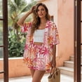 thumbnail image 5 of Xoenoiee Tropical Palm Tree Plumeria Flower Print 2 Piece Outfits Short Sets for Women Summer Short Sleeve Blouse Shirt and Drawstring Shorts Casual Beach Vacation Set for Ladies, Size L, 5 of 7