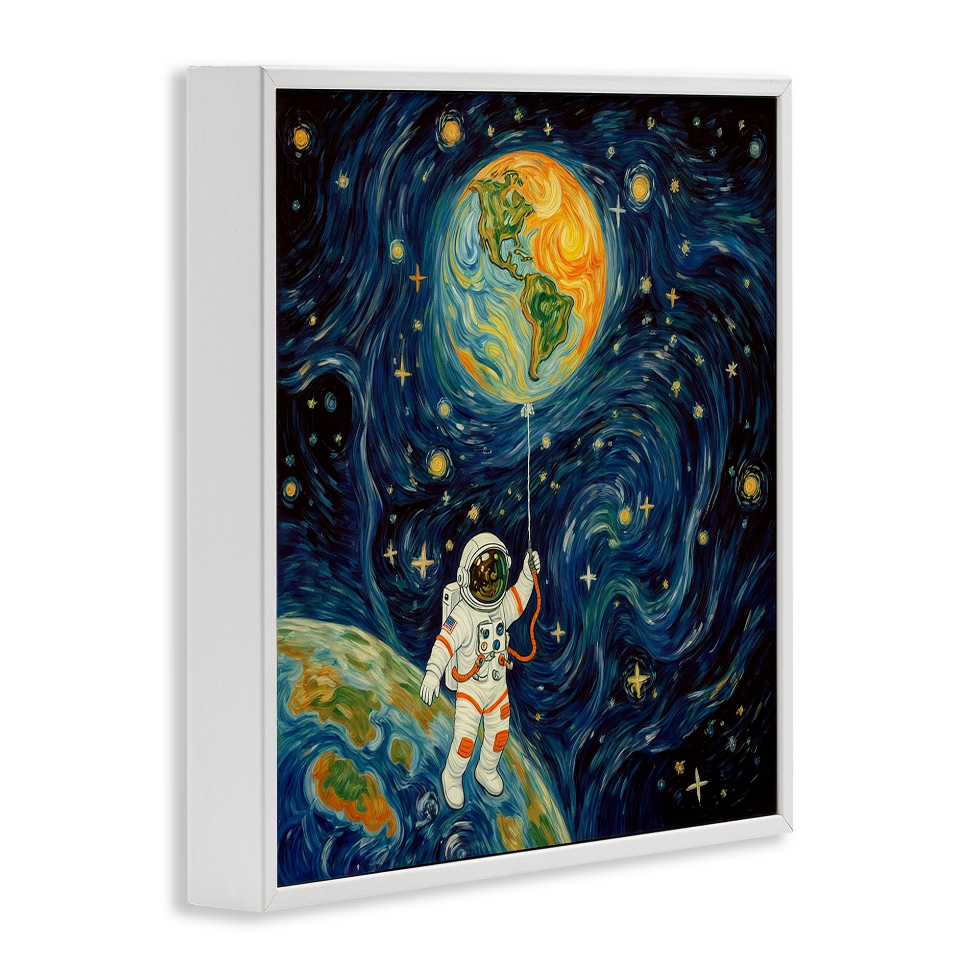 Astronaut with Earth Balloon White Framed Giclee Art, design by Angie Hawke