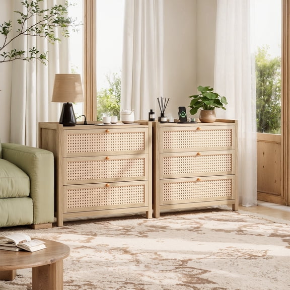 Holliwill 29.5"W Nightstand Set of 2 with Charging Station, 3 Drawers Dresser, Rattan Bedside Table Boho Bed Side Tables End Table with Type-C, USB Port for Bedroom, Natural Oak