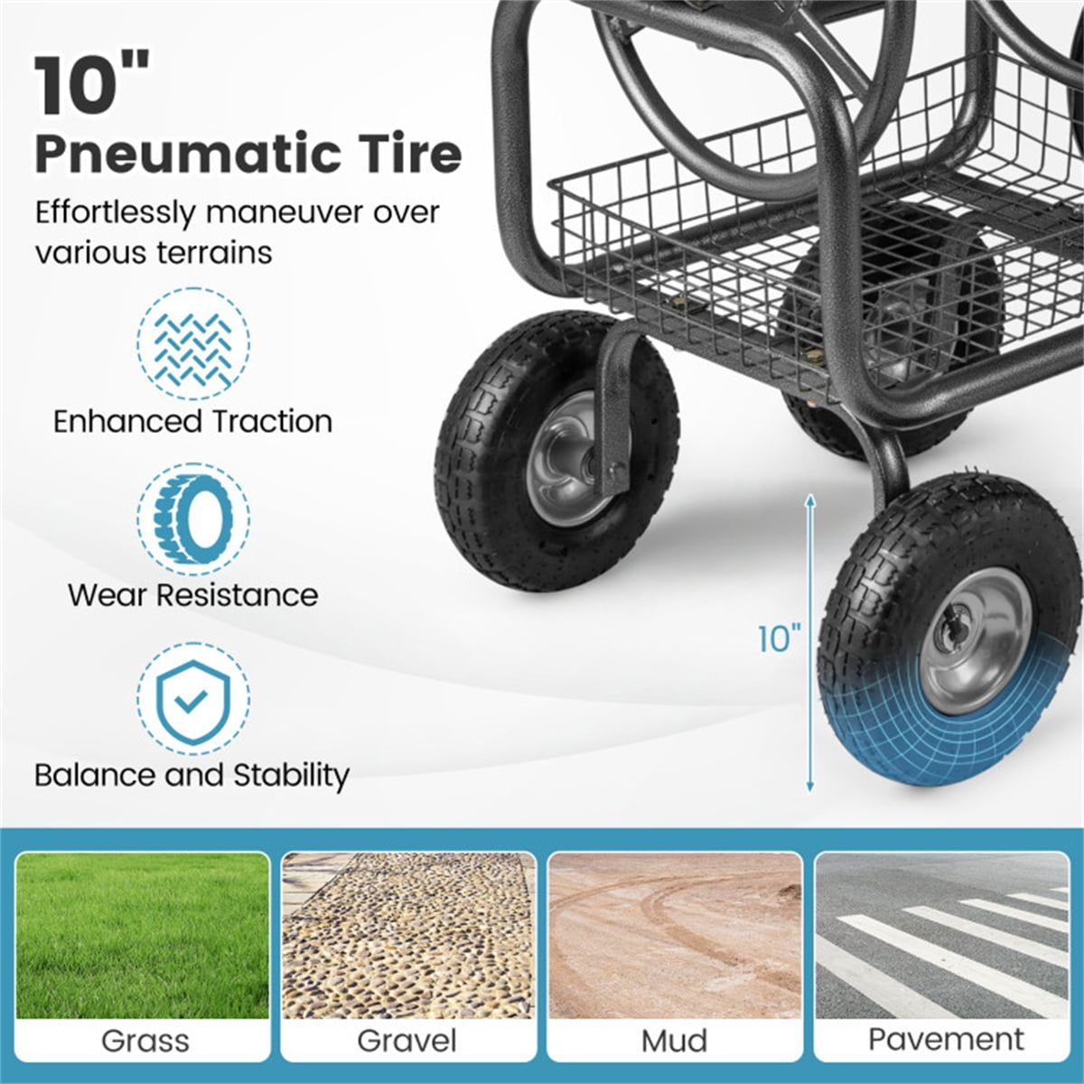 Heavy Duty Garden Hose Reel Cart 10" Pneumatic Wheels Large Capacity Hose Winder with Storage Basket & Brass Fittings Mobile Outdoor Water Hose Holder for Garden Lawn Gray
