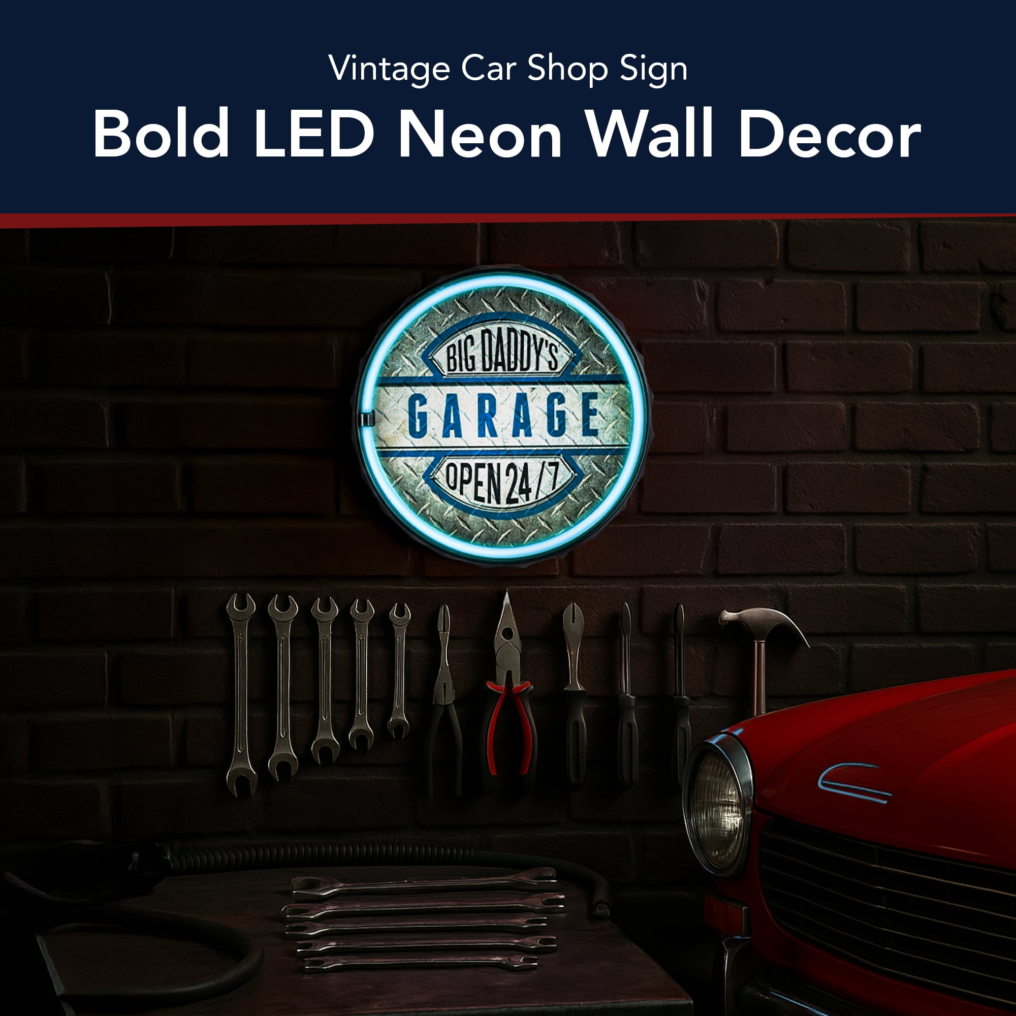 Big Daddy's Garage Open 24/7 Bottle Cap LED Sign