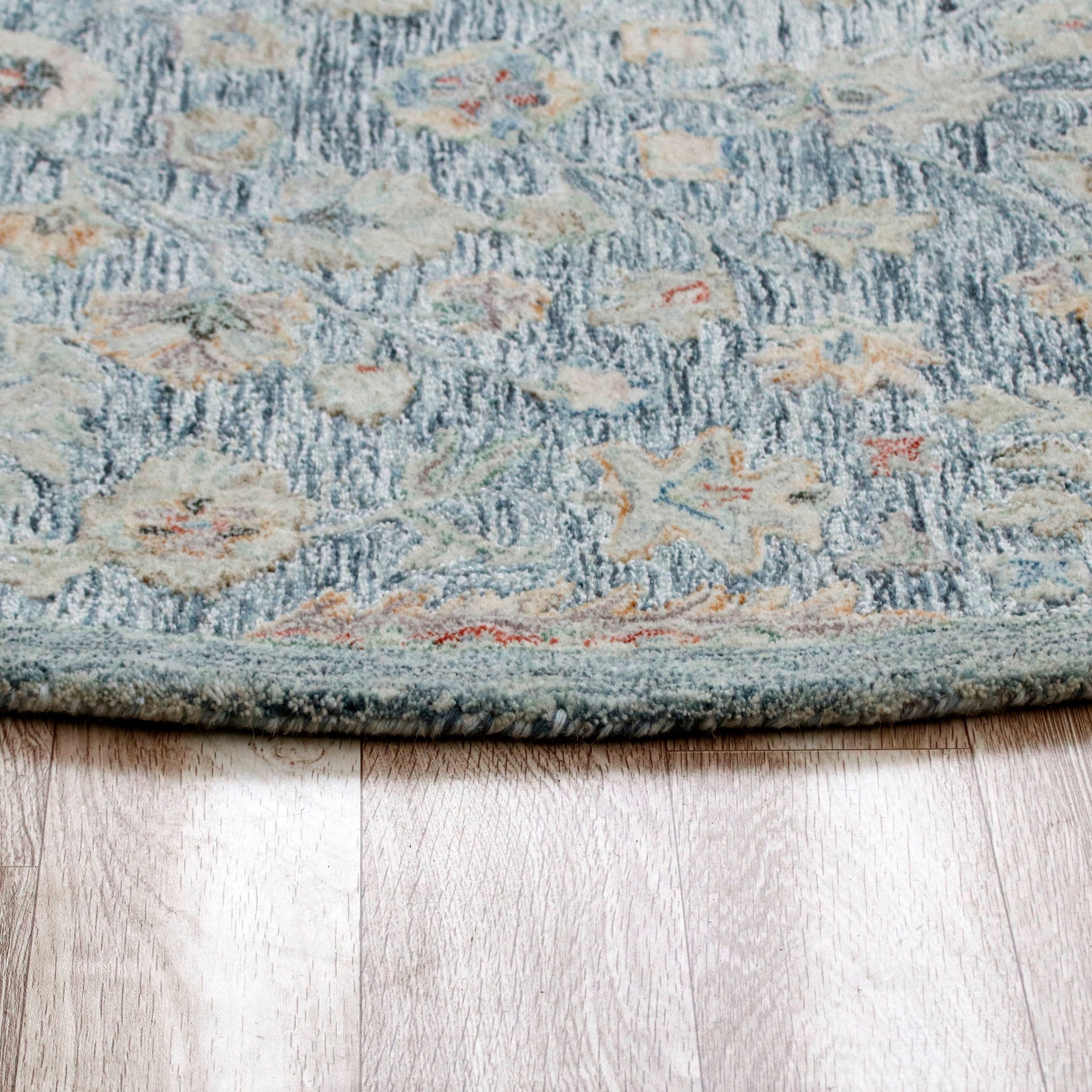 LR Home Viane Blythe Blue/Taupe Vintage Floral Wool Round Rug, 8'6" Round