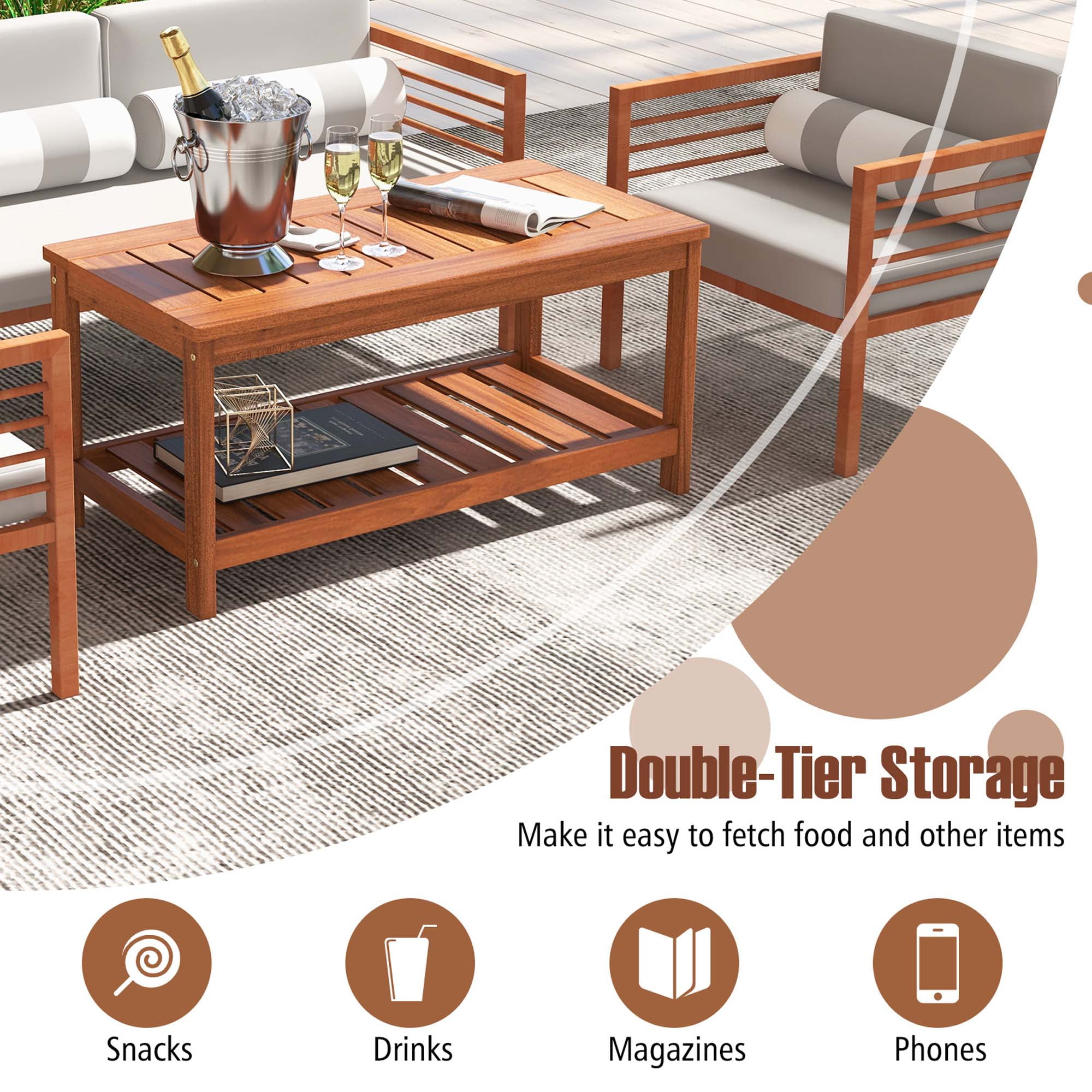 Costway 2-Tier Outdoor Solid Wood Coffee Table