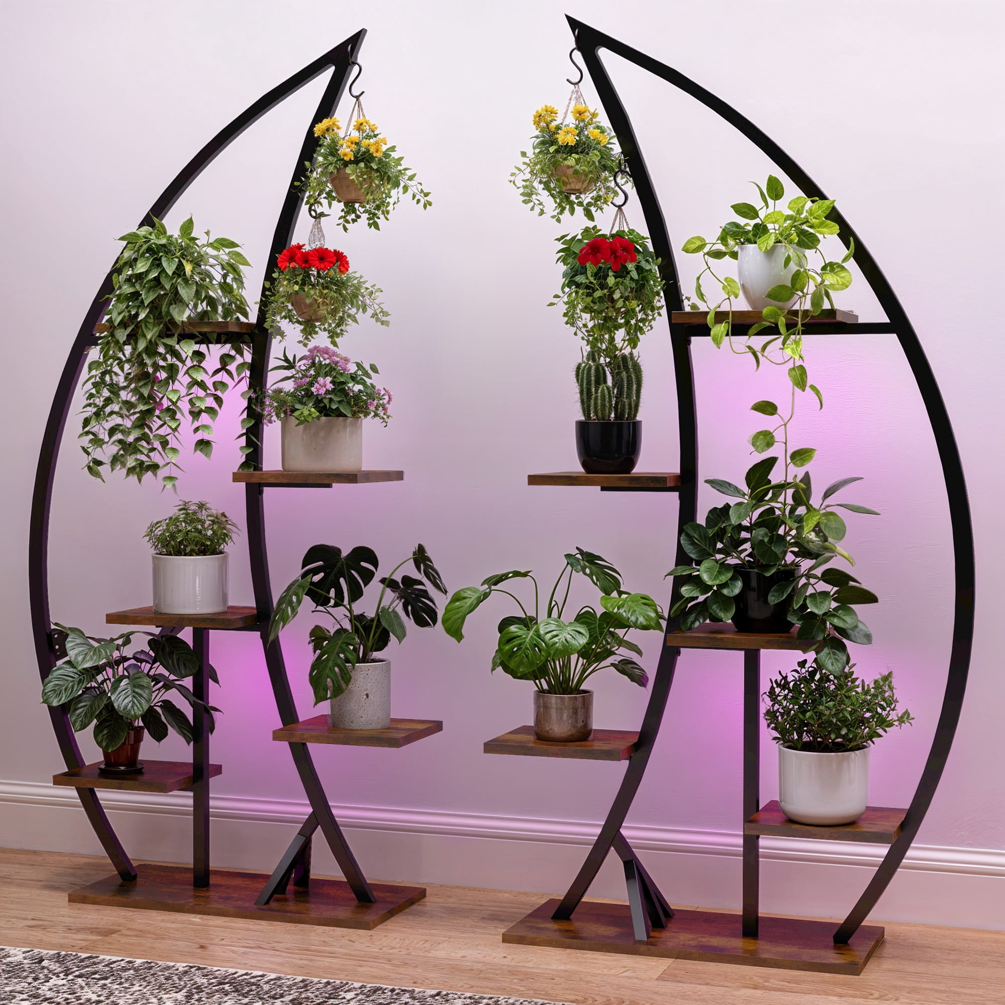 Uforic 63" Plant Stands Indoors with Grow Lights, Half Moon Metal Storge Shelf,Multiple Pots Metal Flower Stands