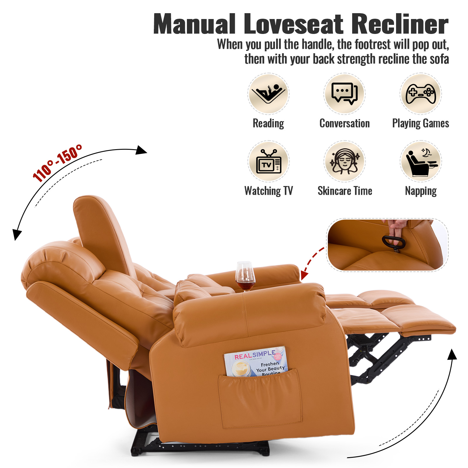 IPKIG Faux Leather Manual Reclining Loveseat with Console and Cup Holders, Orange