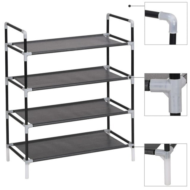 Organizador de Zapatos portátil vidaXL con 4 Estantes en Metal Negro y Tela
