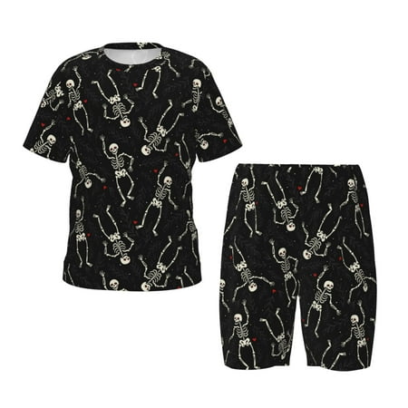 Luyuia Happy Skeletons Dancing Print Girls  2-Piece Tie-Dye Pajama Set  Cute Summer Loungewear with Shirt and Tank Shorts Nightwear-4X-Large