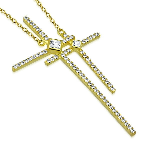 925 Sterling Silver Yellow Gold-Tone Double Cross Religious Pendant Necklace, 17"