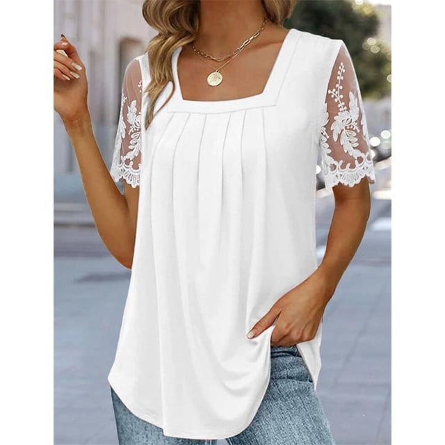 Camiseta estampada plisada con cuello cuadrado para mujer, camisetas de manga corta con empalme de encaje, Tops holgados informales para mujer 2023