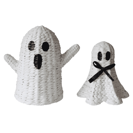 Set of 2 Handwoven White Ghost Figurines – Halloween Tabletop Decorations with Bow & Raised Arms