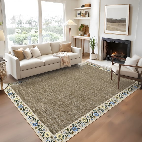 9'x12' ZACOO Machine Washable Area Rug Geometric Distressed Foldable Non Slip Carpet for Bedroom Dining Room Office , Dark Taupe