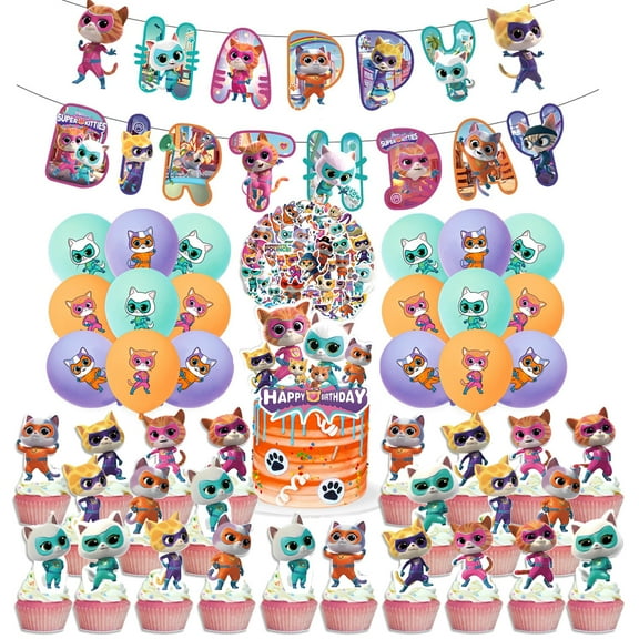 94 Pcs Super Kitties Party Decorations, Cartoon Super Kitties Birthday Party Supplies Include Happy Birthday Banner, Balloons, Cupcake Cake Toppers Stickers for Kids Girls Boys Party Favors