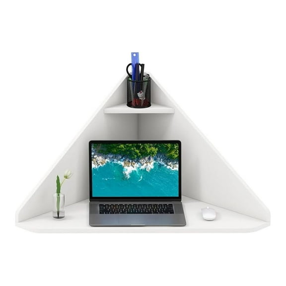 JZWAL Corner Floating Desk, Wall Mounted Computer Desk with Storage Shelf, Space-Saving Writing Desk, Triangle Laptop Desk for Living Room, Study, Bedroom, Home Office & Small Spaces (White)