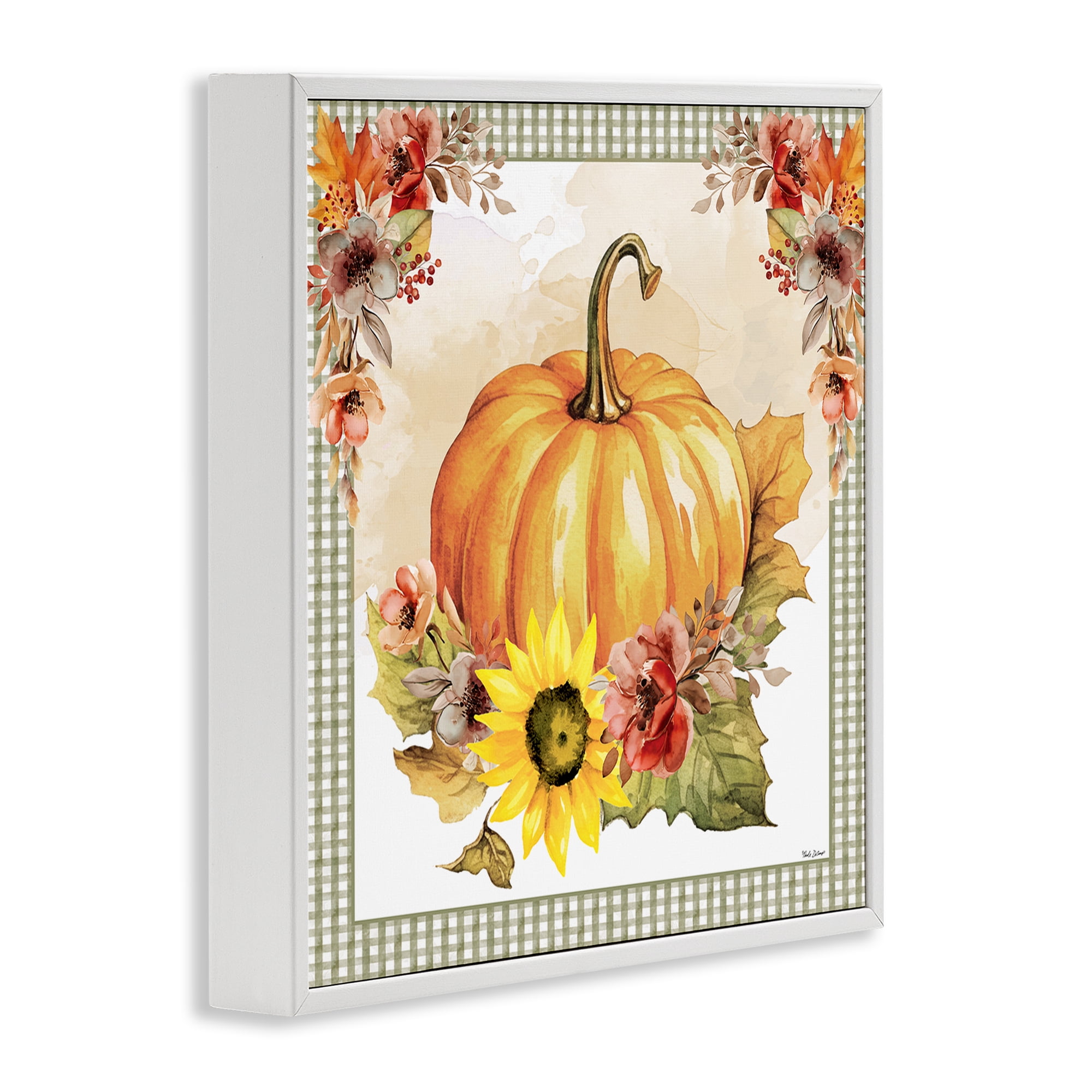 Stupell Industries Pumpkin with Flower Accent Botanical & Floral Painting White Framed Art Prints Wall Art, 12 x 12
