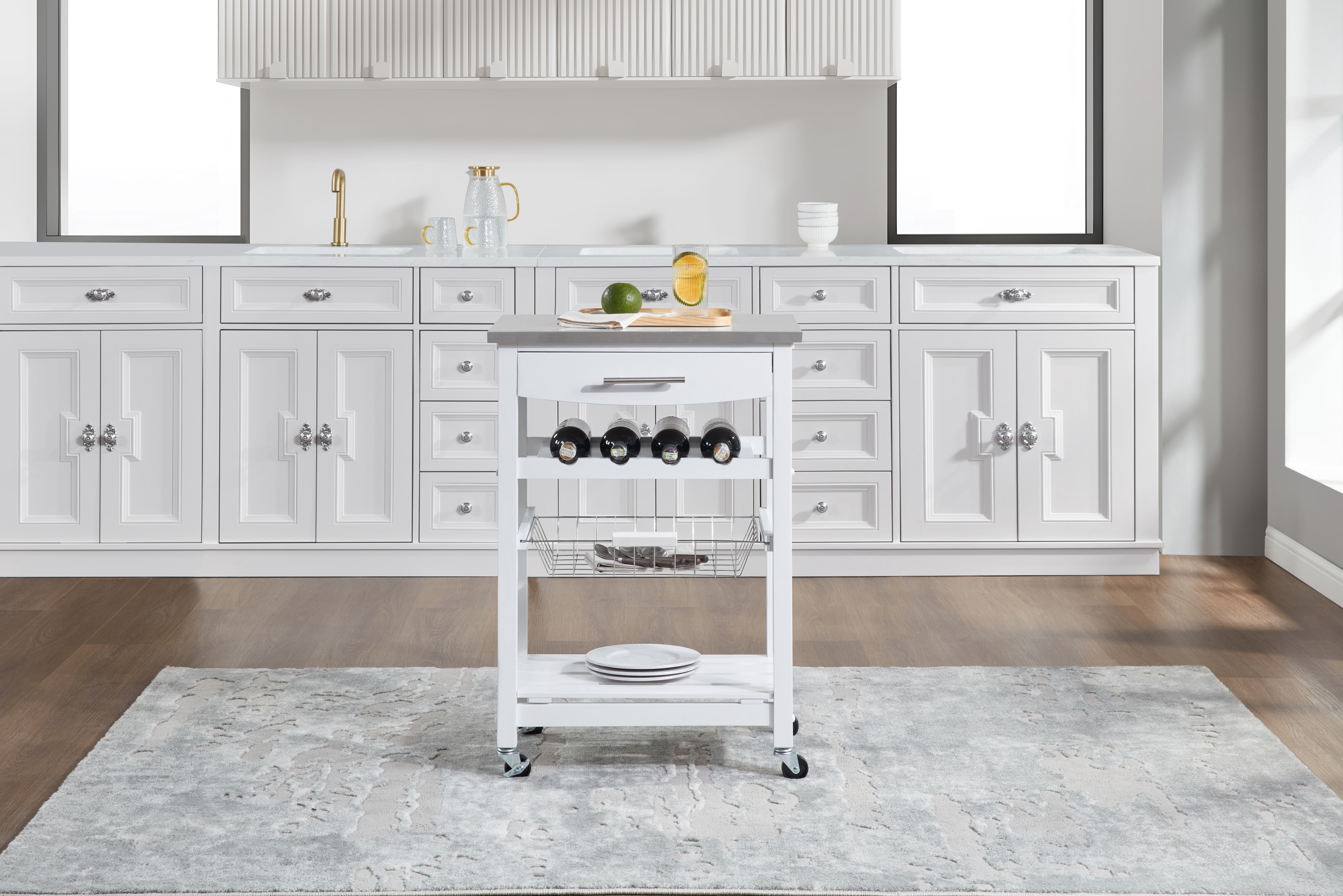 Mobile Rolling Kitchen Island with Stainless Steel Top, Drawer & Storage Basket