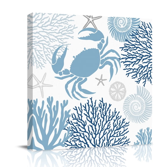 Canvas Wall Art, Coastal Blue Crab Framed Canvas Prints for Bedroom Office, Coral Starfish Ocean Conch Nautical Large Gallery Wrapped Wall Decor for Home Office, Gifts, 16"x16" Ship Next Day