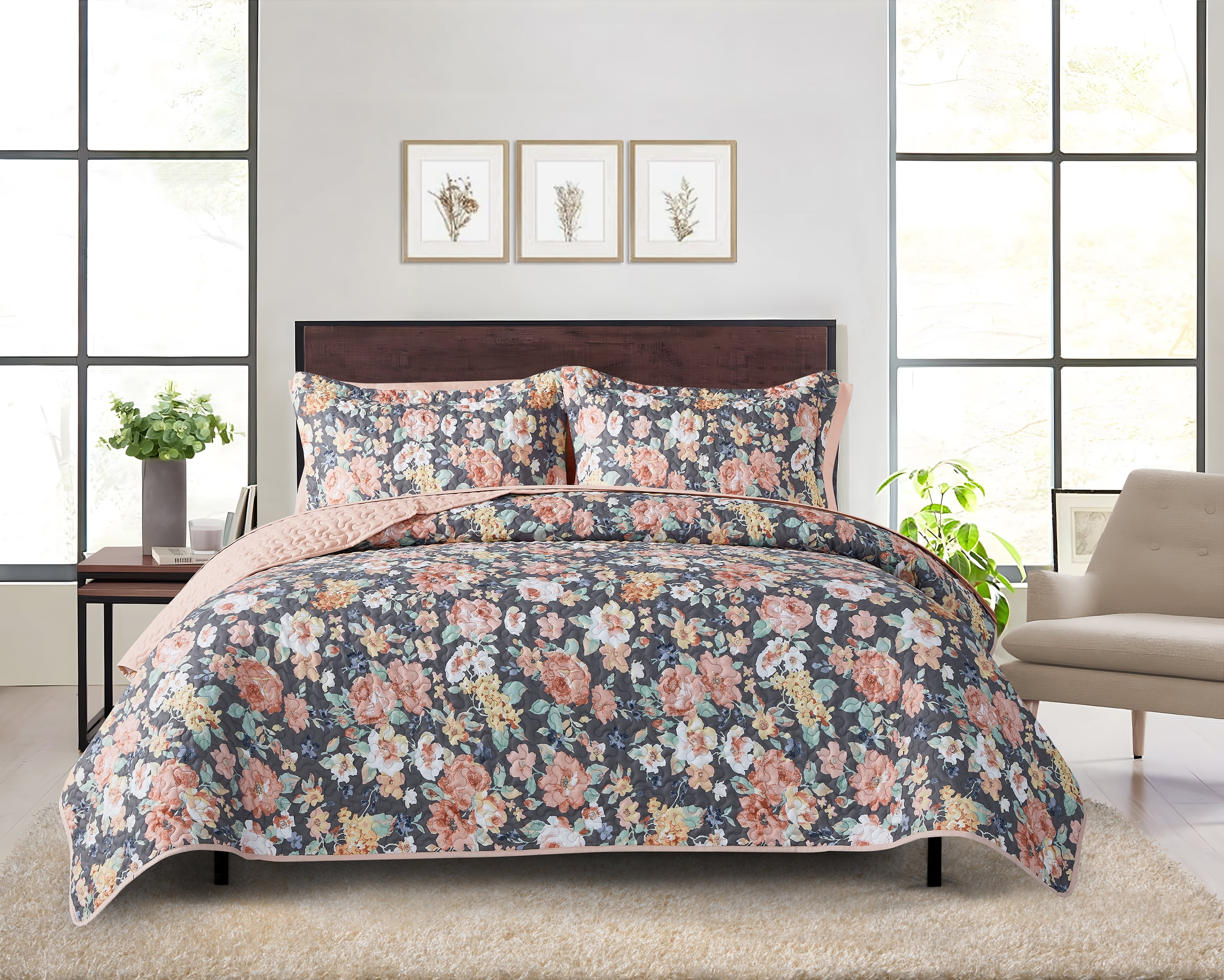 Mainstays All in One Lightweight Quilt Set and Sheet Set -7 Piece, Queen, Grey Floral