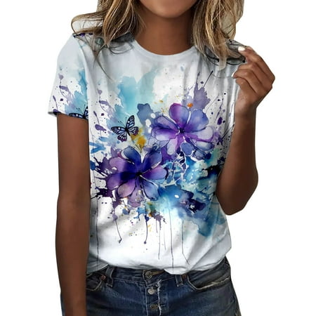 Women Summer Casual Fashion T Shirts Spandex Round Neck Short Sleeve Handstand Shirt Long Sleeve Flower Butterfly Print Tshirt Simple Long Sleeve T Shirts for Women Top