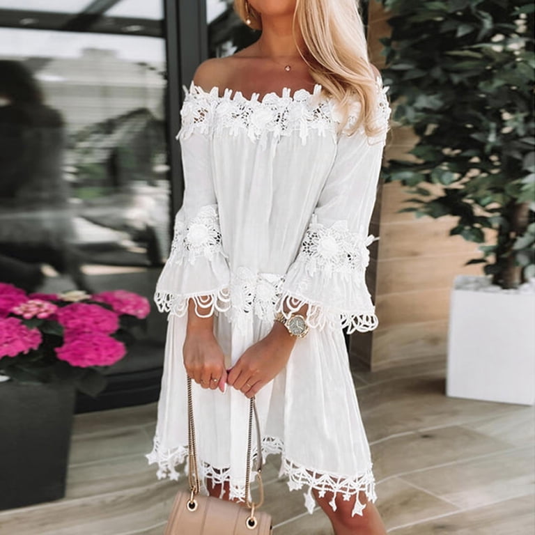 Boho For Women Casual Summer Lace Off Shoulder Dress V Neck Short Sleeve  Dress Beach Dress Swing Dress Fashion Slim Lace Up Midi Dress Wrap Dresses  Summer Mature Womens Dresses Summer Dresses