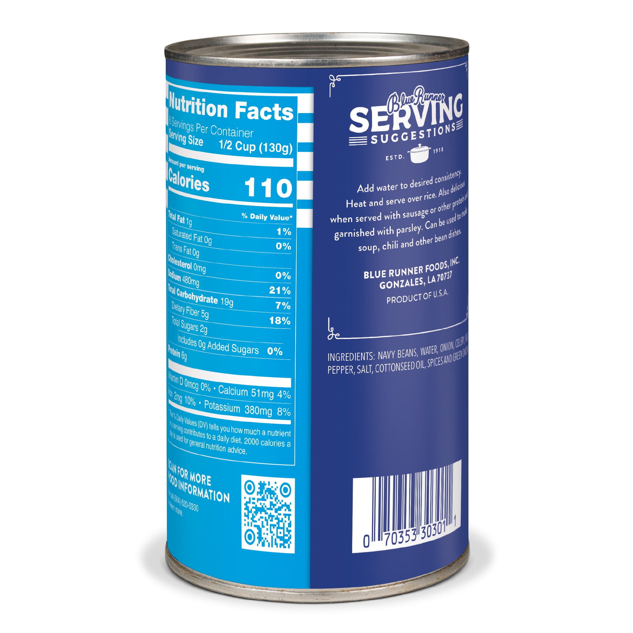 Blue Runner Creole Cream Style Navy Beans with Creole Mirepoix, 26 oz Can, Heat and Serve