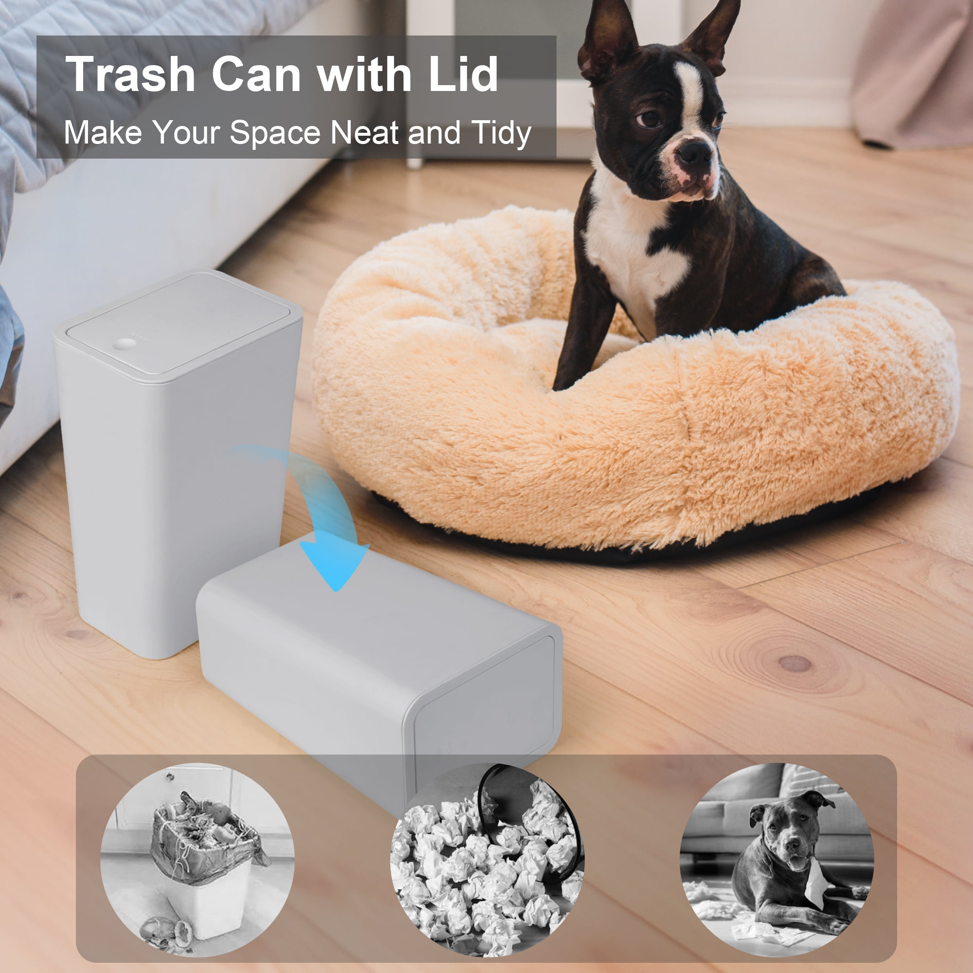3 Pack Slim Plastic Trash Can, 2.6 Gallon Garbage Can with Press Top Lid, Modern Waste Basket for Bathroom, Gray