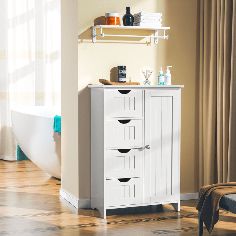 Lacoo Bathroom Storage Cabinet with 4 Drawers, Side Storage Organizer with 1 Cupboard and 2 Shelves Freestanding Cabinet, White