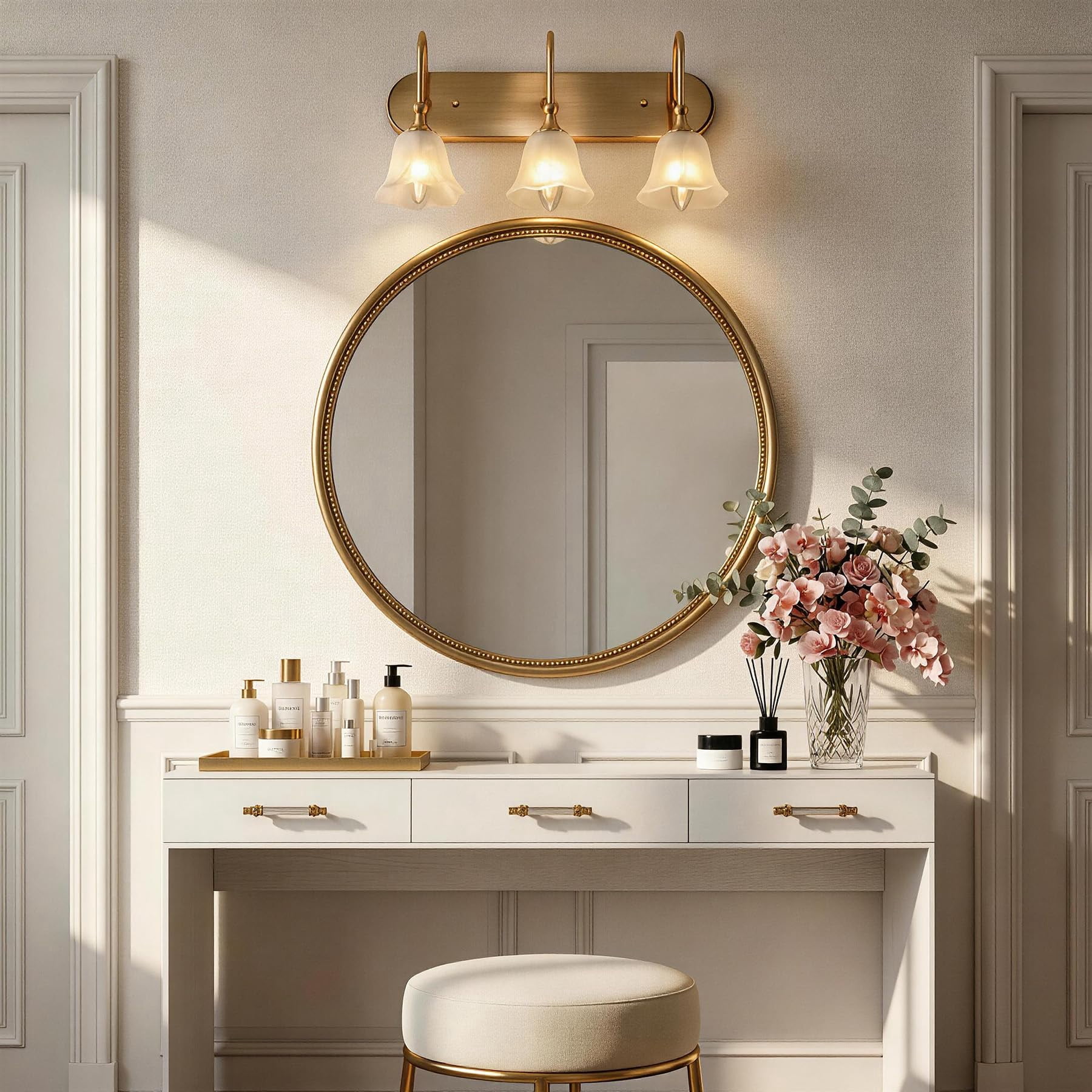 Fnova 3-Light Gold Bathroom Light Fixtures, Modern Wall Lights with Petal-shaped Glass Shades, Wall Sconce Lamp for Mirror Bedroom (E12 Base)