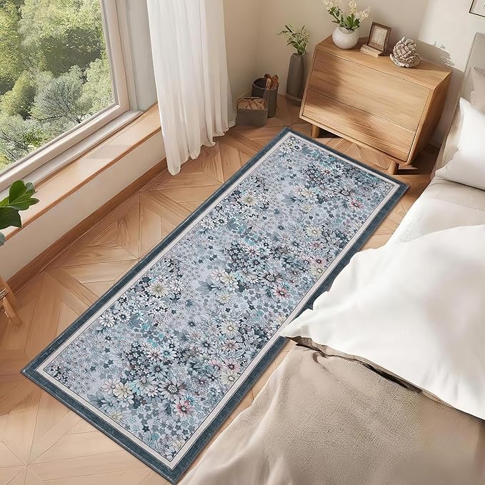 9'x 12' Runner Rug for Hallways Kitchen Non Slip Washable Rugs with Rubber Backing Soft Floral Carpet Runner for Hallways, Kitchen, Laundry, Bedroom, Bathroom-Gary BLue