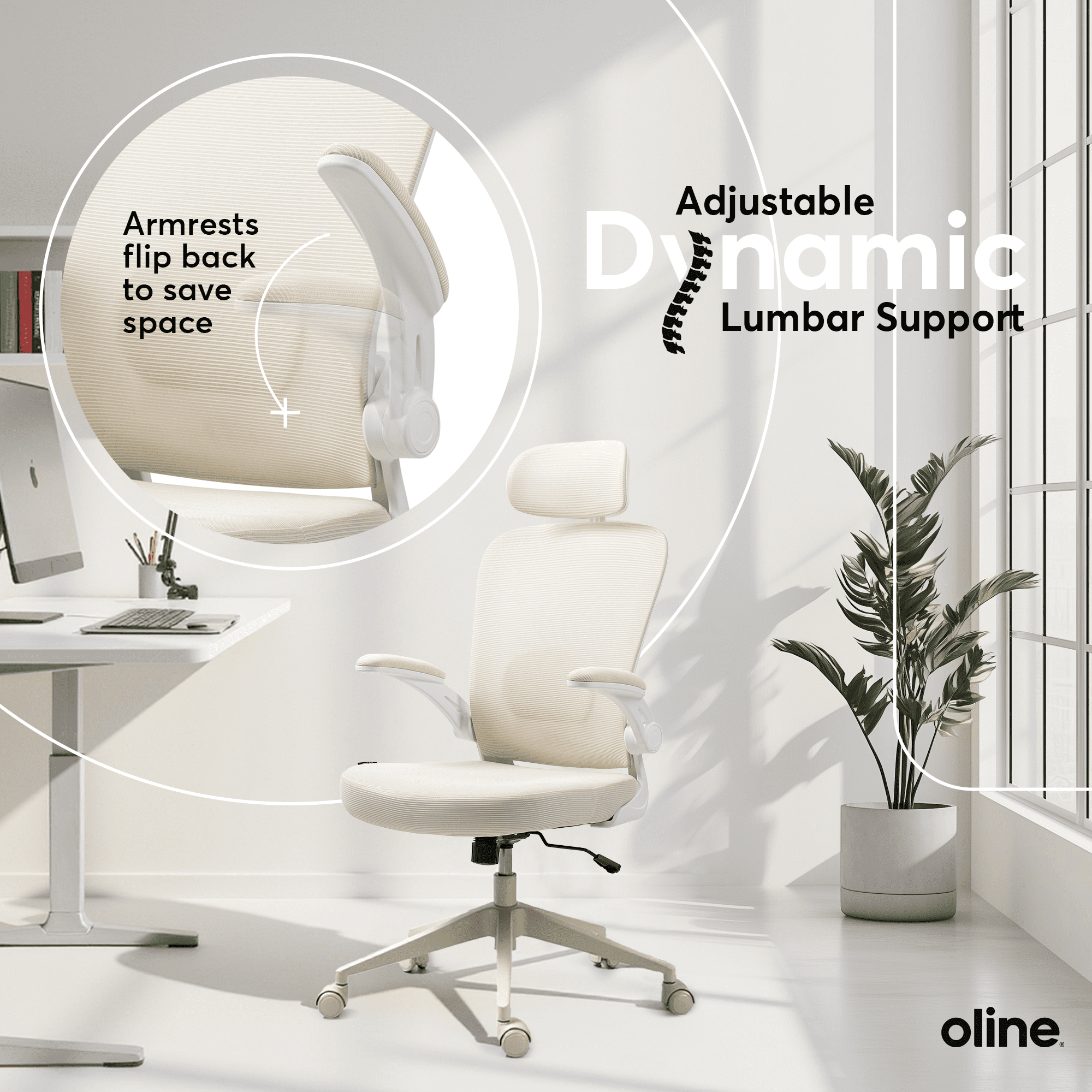 Oline ErgoAir Ergonomic Office Chair – Adjustable Lumbar Support, Flip-Up Armrests, Mesh Computer Desk Chair, Swivel Rolling Executive Gaming Chair for Home & Office (Beige)