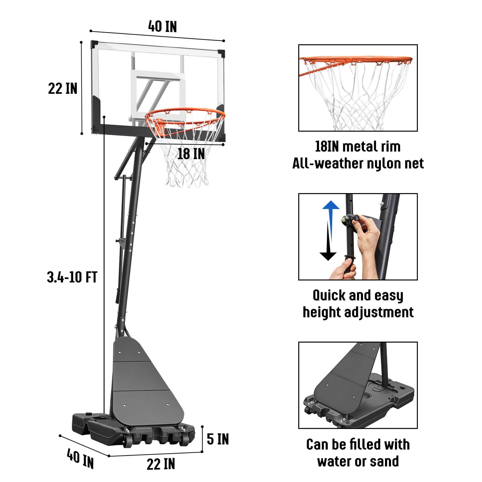 SERAY Adjustable Basketball Hoop 3.4-10 Feet, Portable Basketball Goal with 40 Inch Shatterproof Backboard & Wheels, Indoor/Outdoor Basketball System for Kids, Teens & Adults
