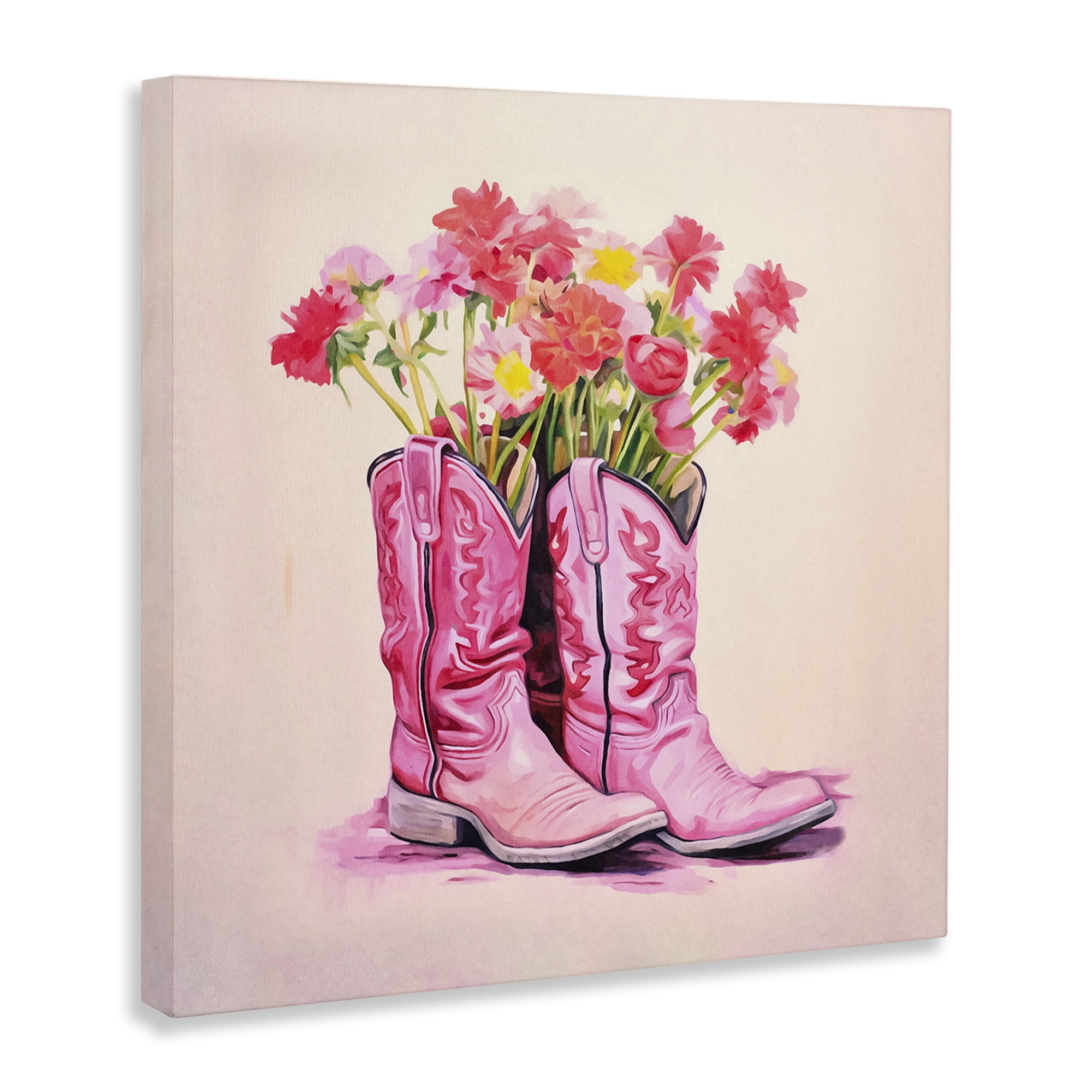 Stupell Industries Pink Blossom Boots Botanical & Floral Painting Gallery Wrapped Canvas Art Print Wall Art, 30 x 30