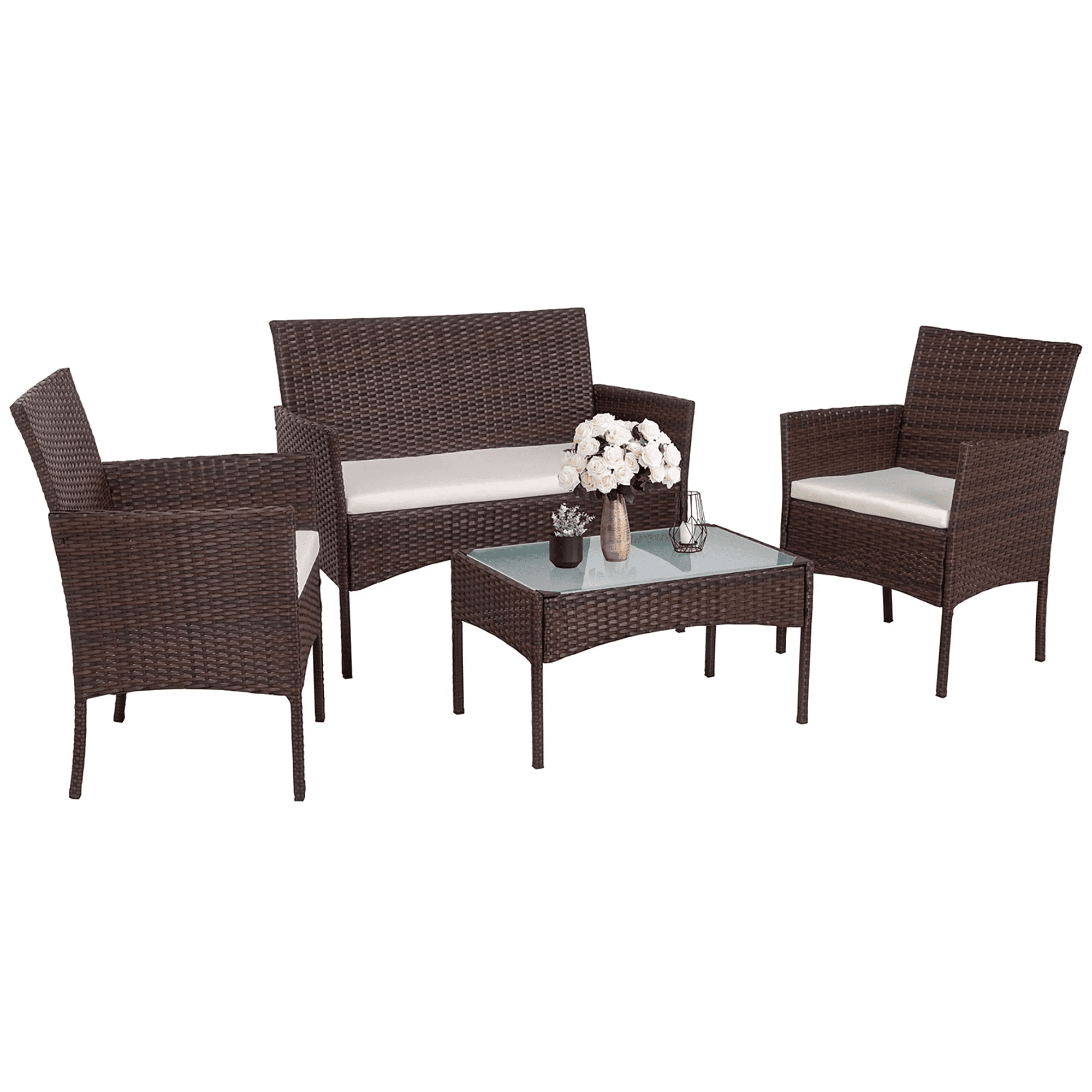 Walsunny 4 Pieces Patio Rattan Furniture Set,Wicker Conversation Set with Cushions and Tempered Glass Tabletop,Brown
