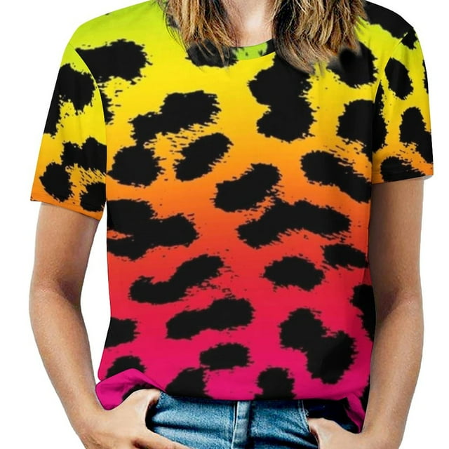 Colorful Animal Pattern Leopard Pattern Cheetah New Fashion Zip Off Shoulder Top Short-Sleeve Women Shirt Colorful