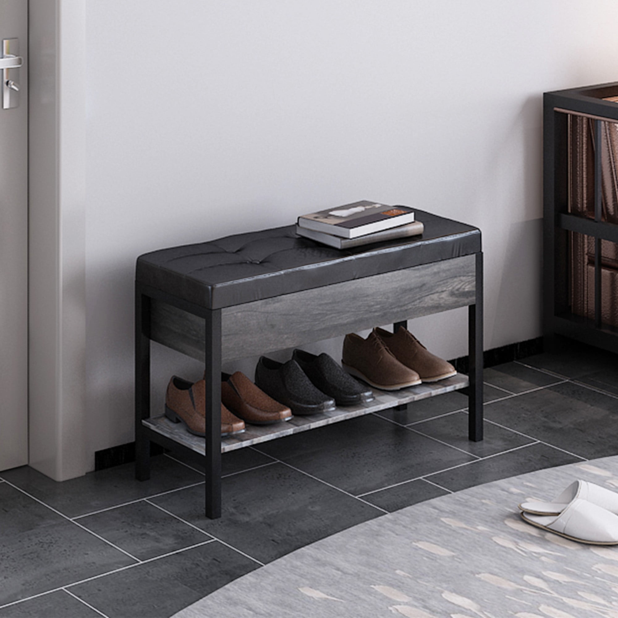 Finihen Storage Bench, Entryway Shoe Bench with Flip-Open Storage Box, End of Bed Ottoman Bench with Storage Shelf and Padded Seat for Bedroom, Hallway, Black
