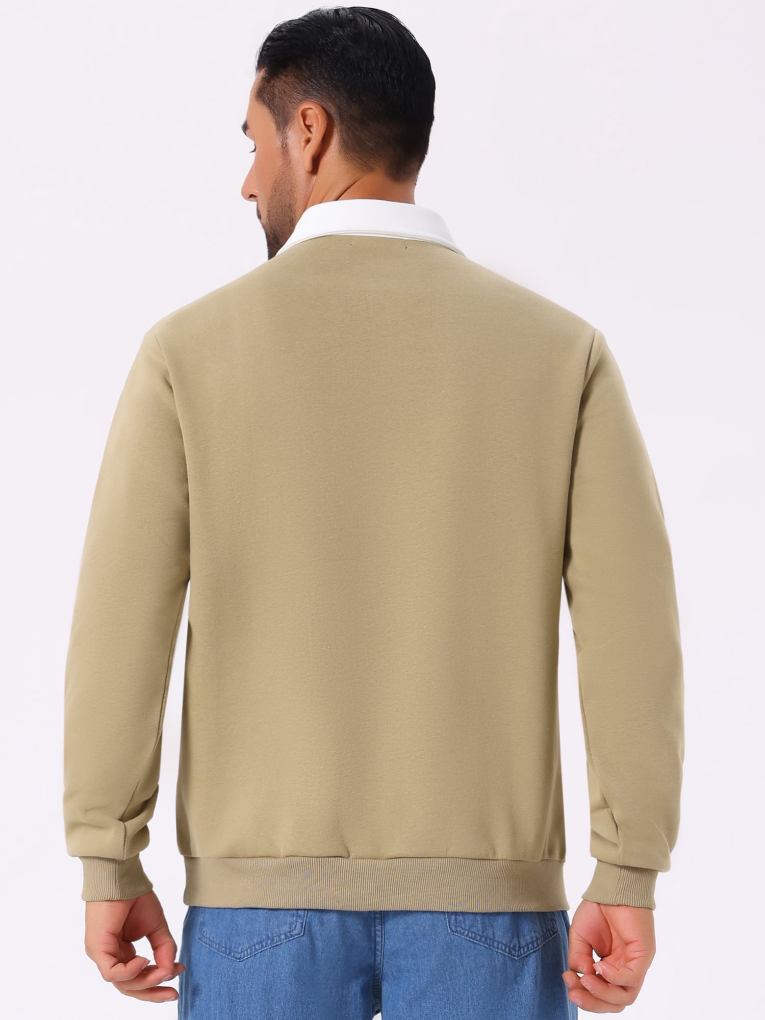 DARING DIVA Men's Contrast Collared Long Sleeves Pullover Polo Sweatshirt XL Khaki