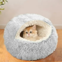 Oneshrt Round Hooded Cat Bed & Dog Bed with Cover Cave, Dog Bed for Small Dogs, Plush Cuddler Round Coved Cat Bed Self Warming Dog Bed Fits up to 12 lbs Pets(Gray, 15.75*15.75 Inch)