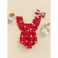 thumbnail image 4 of Baby Girls 2Pcs Summer Outfits, Fuzzy Dots Pattern Ruffle Sleeve Backless Romper + Headband Set, 4 of 8