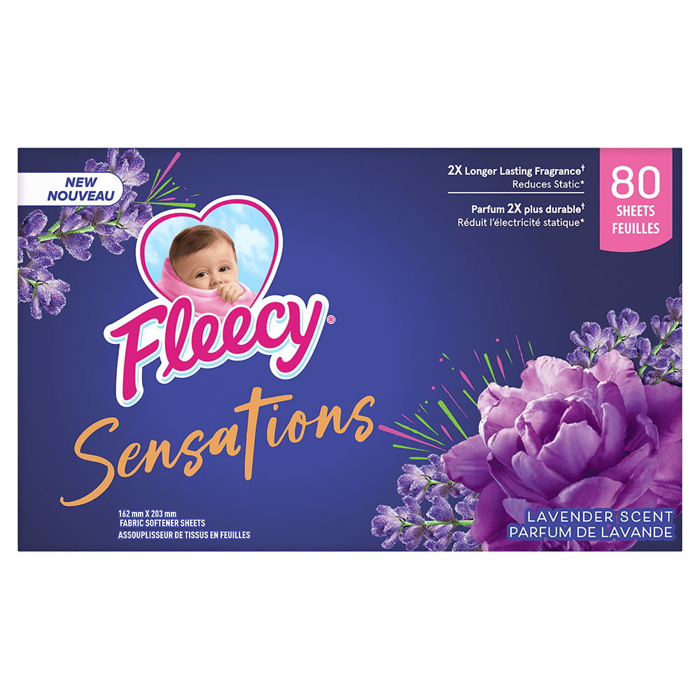 Fleecy Sensations Feuilles Assouplissantes pour Sécheuse, Parfum Lavande, 80 feuilles