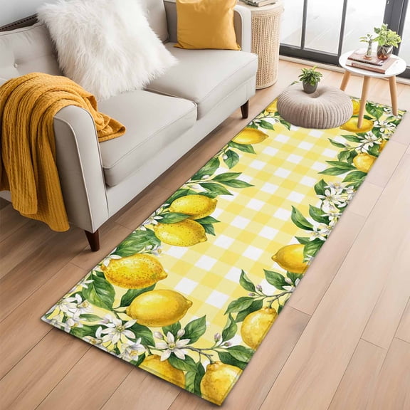 Yellow Lemon 2'x6' Runner Rugs for Hallway Kitchen Bedside Non Slip Washable, Summer Floral Fruit Leaves Botanical Grid Entryway Rug Runners with Rubber Backing, Long Carpet Runner for Laundry Room
