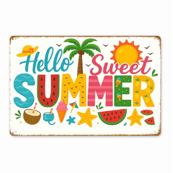 2D Flat Hello Sweet Summer Tin Sign Rustic Vintage Welcome Plaque Hanging Wall Decor for Indoor Outdoor Use Metal Wall Art for Home, Kitchen, Office, Patio, or Porch 8x12 Inch.