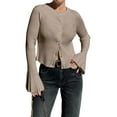thumbnail image 3 of Women Trendy Crew Neck Ribbed Knit Crop Bell Long Sleeve Open Front Button Down Sweater Shirt Fall Outfit Khaki S, 3 of 6