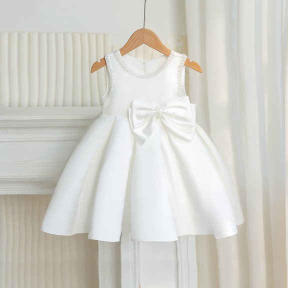 HAYIMI Child Elegant Sleeveless White Dress Girls Wedding Girl Birthday Party Piano Recital And Pageant Dress With Satin Bodice And O-Neck Boho Dresses