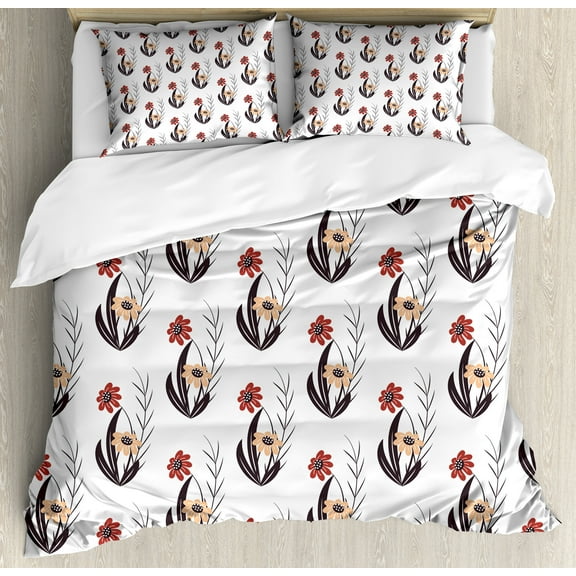 Floral Duvet Cover Set, Soft Orange and Red Flowers on Branches Flourishing Spring Season Garden Theme, Decorative 3 Piece Bedding Set with 2 Pillow Shams, Queen Size, Red Orange Black, by Ambesonne