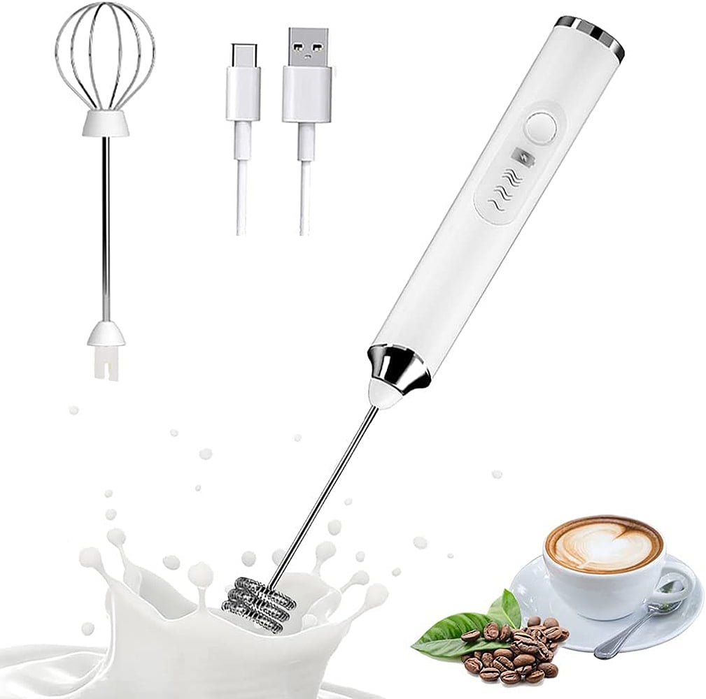 Ficcug Electric Milk Frother Handheld Coffee Frother,Mini Drink Mixer Foam Maker Egg Beater with 2 Whisks for Latte (White)