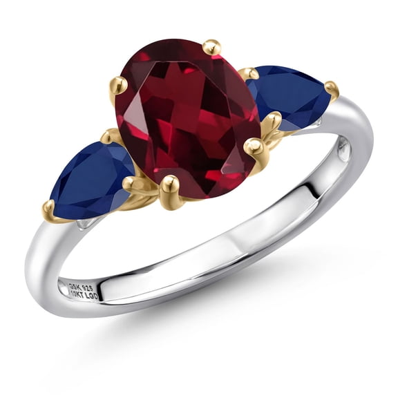 Gem Stone King 925 Silver and 10K Yellow Gold Red Rhodolite Garnet and Blue Sapphire Engagement Ring for Women | 3.00 Cttw | Oval 9X7MM | Gemstone January Birthstone | Size 6