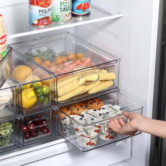 Fridge Drawer Pull Out Stackable Bins,  Refrigerator Organizers for Kitchen Pantry Vegetables Fruits (4 Small)