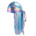thumbnail image 2 of Rainbow Satin Breathable Rag Cancer Chemo Headwrap Long Tail Caps Blue, 2 of 7