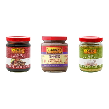 3 Pack Lee Kum Kee Cooking Sauce, 3 Flavors(Char Siu Sauce,Finely Shrimp,Minced Garlic Sauce) Plus NineChef Brand Long Handle Coffee Spoon
