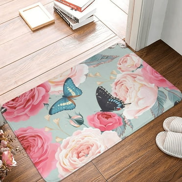 DouZhe Doormat Non-Slip Washable Floor Mat, Indoor Area Rug Vintage Pink Roses Butterflie Pattern Carpet, 24x16 inches